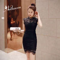 summer black lace dresses stand collar sleeveless high end women dress office lady sexy party vintage bandage bodycon mini dress