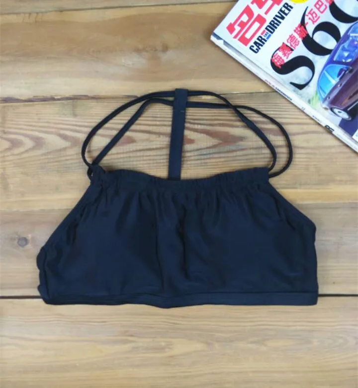 Женский купальник с пуш апом черный бандажный в стиле ретро укороченным топом