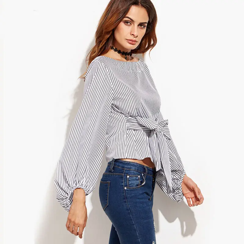 Женская Свободная блузка в полоску с длинными рукавами фонариками и бантом на