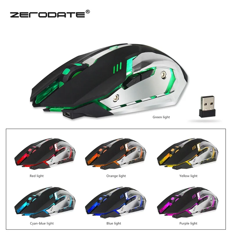ZERODATE 2,4 ГГц Беспроводная игровая мышь 6 кнопок 2400 dpi эргономичная оптическая мышь 7 цветов светодиодный игровой мыши для ПК ноутбука геймера