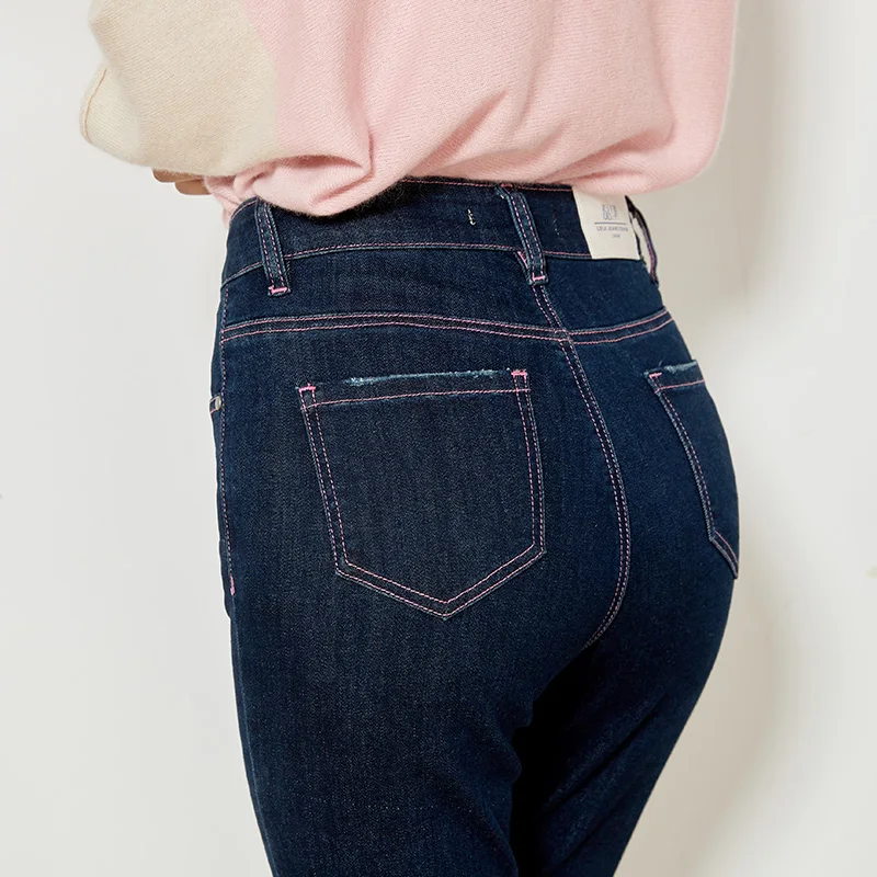 Женские джинсы карандаш LEIJIJEANS повседневные темно синие с высокой талией на флисе