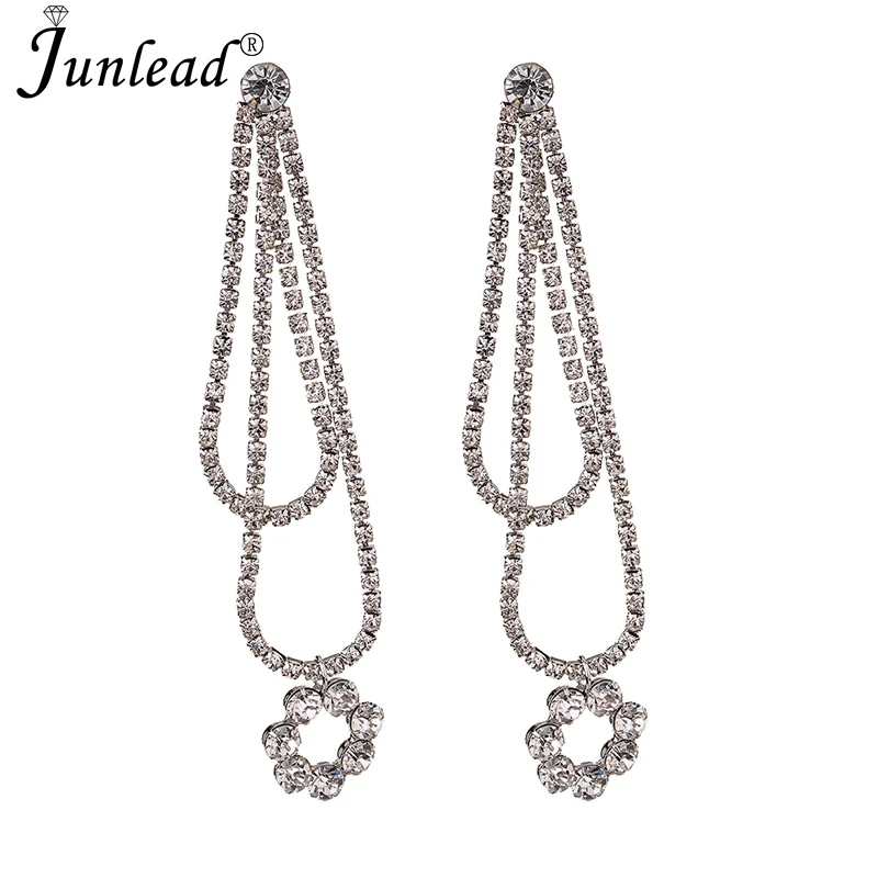 Многослойная длинная Серебристая цепочка Junlead серьги-капельки с кристаллами из