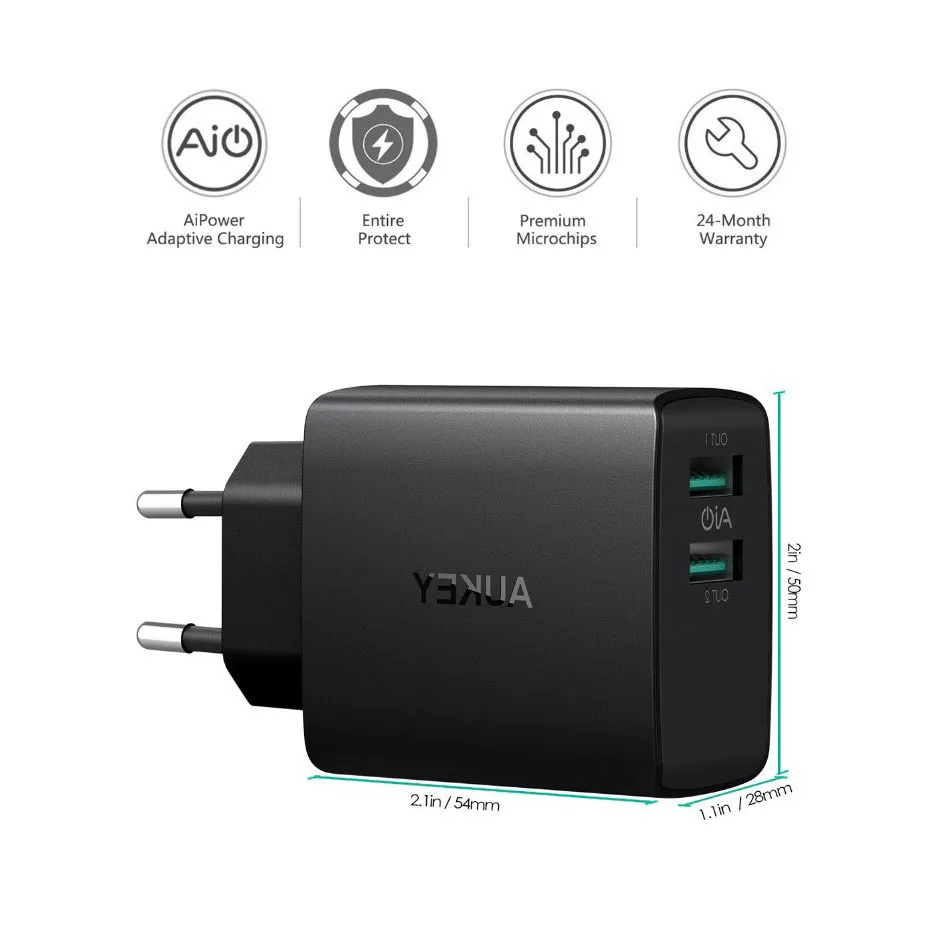 AUKEY 2 порта ультра мини быстрое USB зарядное устройство 4.8A универсальное двойное