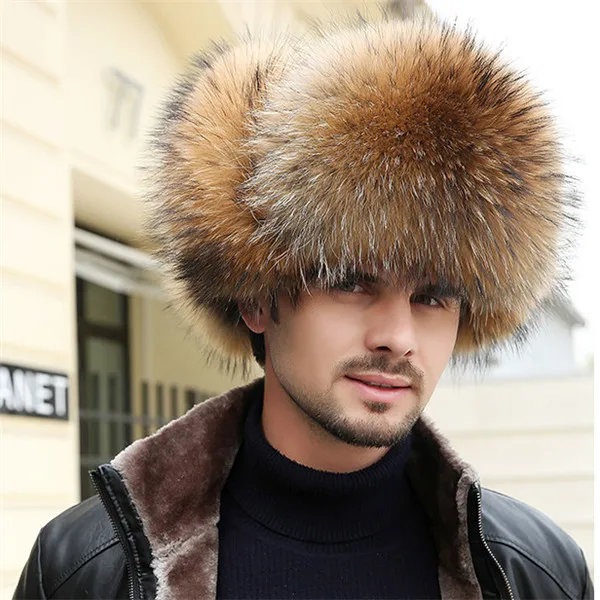 Raccoon color Новинка года, мужские шапки из натурального меха лисы, из натурального меха енота, Lei Feng, для российских мужчин, шапки-бомберы с кожаными меховыми шапками - Цвет: Raccoon color