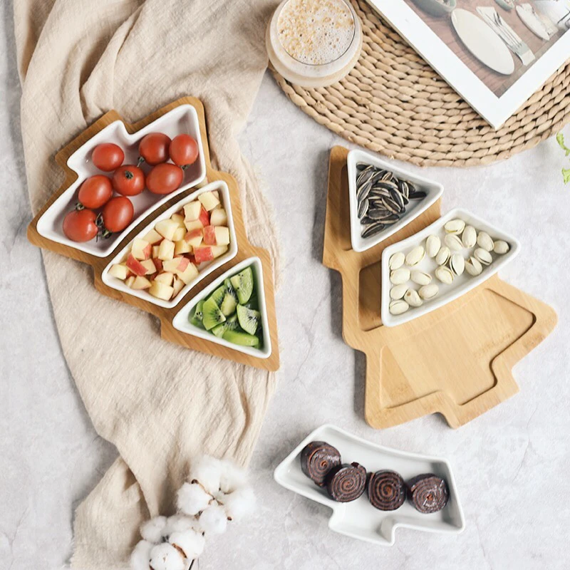 Ceramic Plate Food Tray Wood Stand Christmas Tree Shape Flat Dish Creative Decoration Container Sushi Assiette | Дом и сад