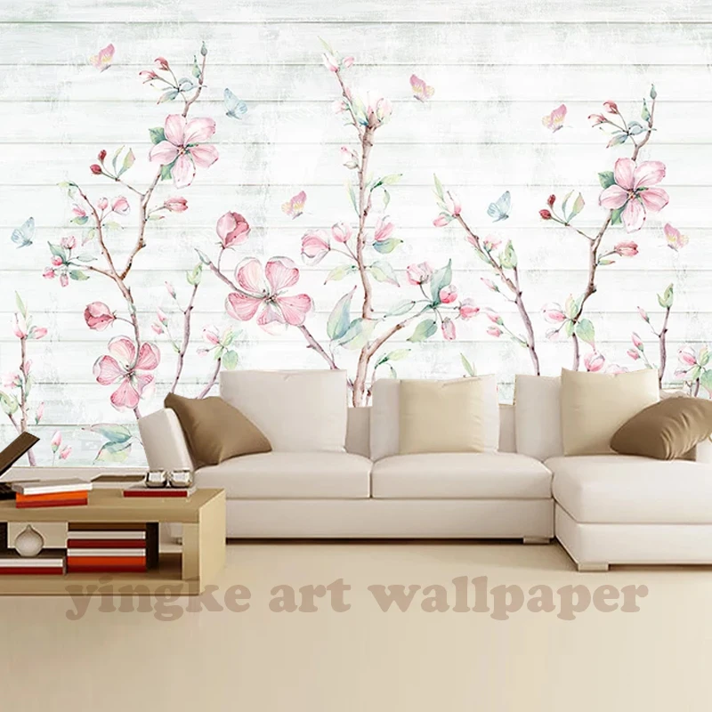 

Photo Wallpaper hand painted watercolour sakura wood grain Mural Living Room Bedroom Decor Wallpaper butterfly floral Wallpapers
