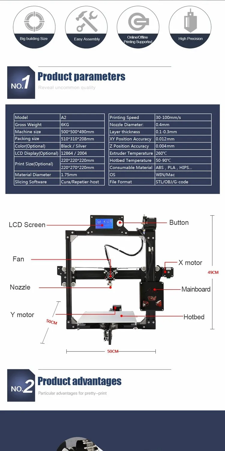 Дешевые 3D-принтеры s Anet A2 DIY 3D-принтеры комплект с датчик автоматической коррекции плюс Размеры 220*270*220 мм impressora 3d Друкер