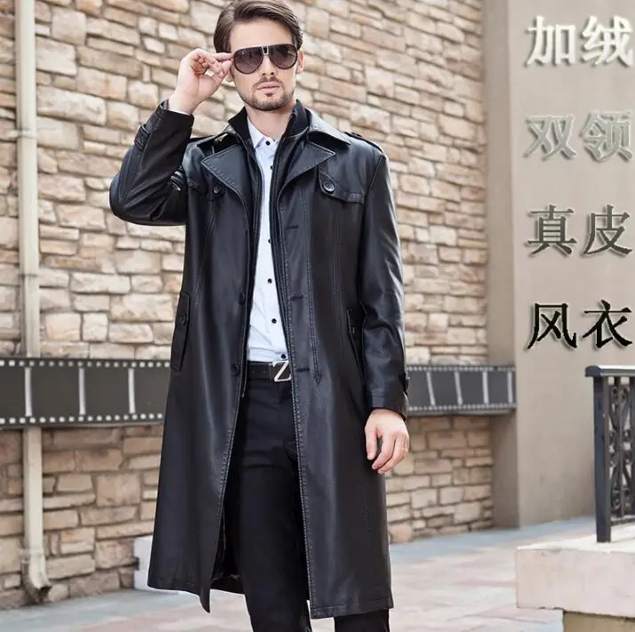 

velvet long leather coats men removable collar coat mens leather trench coats thicken black autumn winter fashion M- 3XL