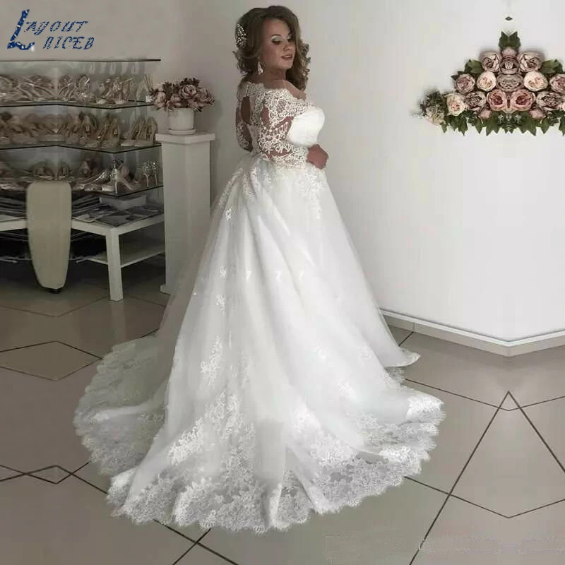 

ZL1041 New Elegant 3/4 Sleeves Lace Tulle A-Line Plus Size Wedding Dresses Bridal Gown Celebrity vestido De Noiva robe de mariee