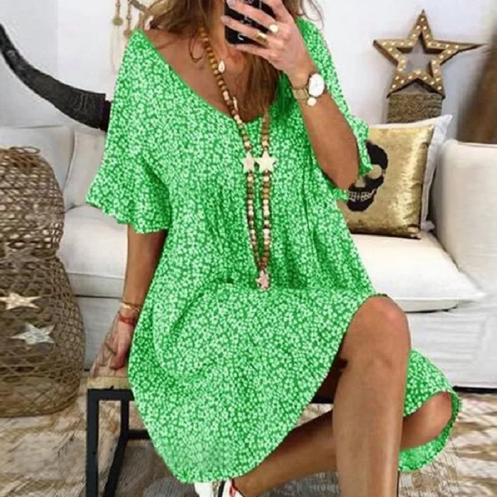 dark green Fanbety летнее женское праздничное пляжное платье-рубашка, сексуальное платье с v-образным вырезом и цветочным принтом, платье с расклешенными рукавами, женские вечерние мини-платье размера плюс - Цвет: dark green