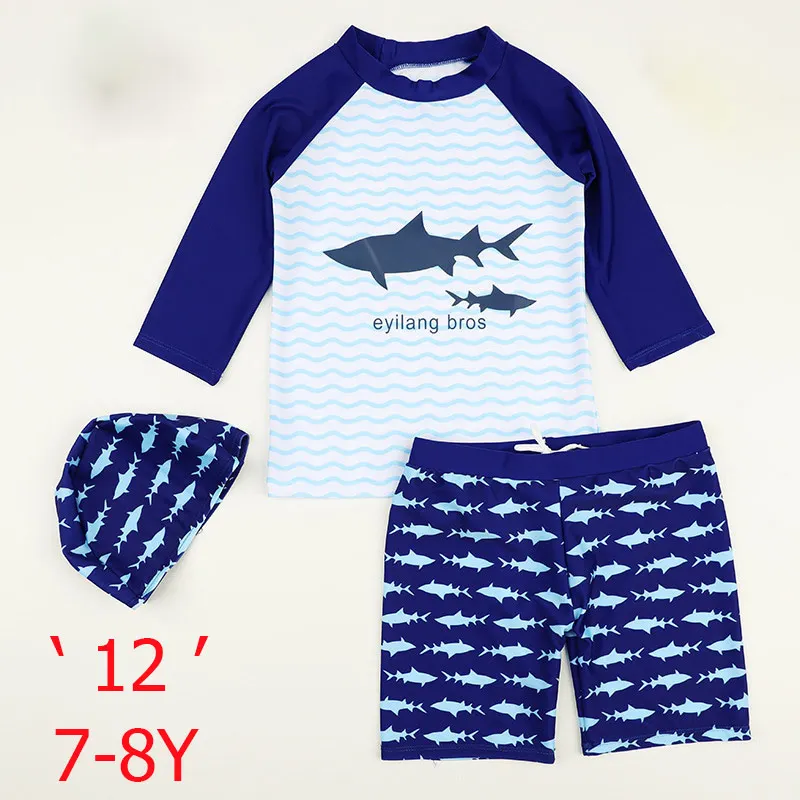 7-8Y Новая летняя детская одежда для купания для мальчиков, модный мультяшный костюм из 3 предметов, детские купальники с солнцезащитным колпаком, пляжная одежда для купания для маленьких девочек - Цвет: 7-8Y