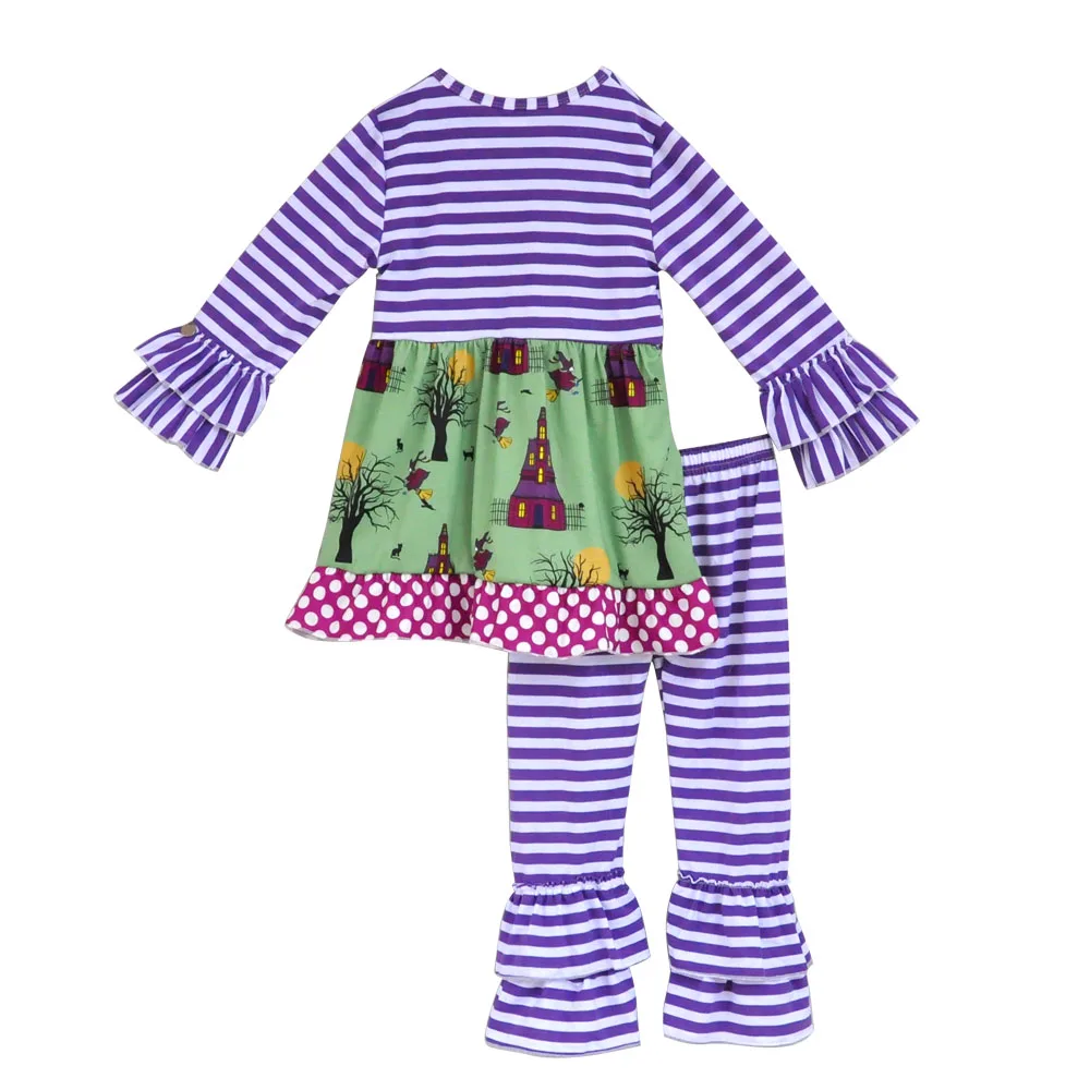 Высокое качество Комплект пижамы для детей на Хэллоуин в полоску топ с рюшами и