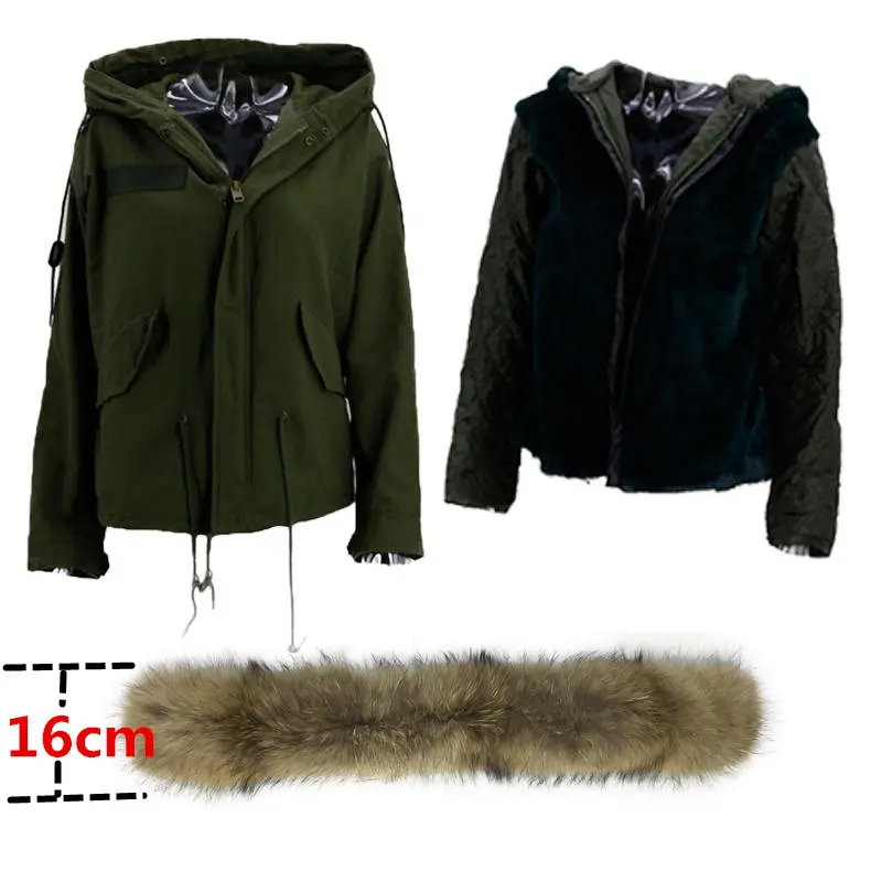 Green Lining 16cm Толстовки с капюшоном из натурального меха, модная Женская Роскошная куртка с большим воротником из меха енота, пальто с капюшоном, новинка, теплые парки, зимние куртки - Цвет: Green Lining 16cm