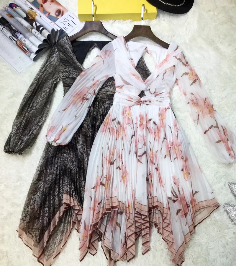 High Quality Hole Print Pleated Dress Celebrity Sexy Women Elegant Bodycon Lantern Sleeve Deep V-Neck Backless Dresses Wholesale | Женская
