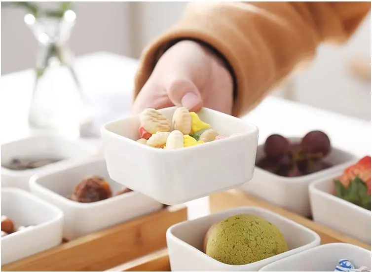 Керамические блюдо для закусок, десерт блюдо, квадратный Ramekin чаши, поднос для сухофруктов, фрукты тарелка, с деревянными поддонами