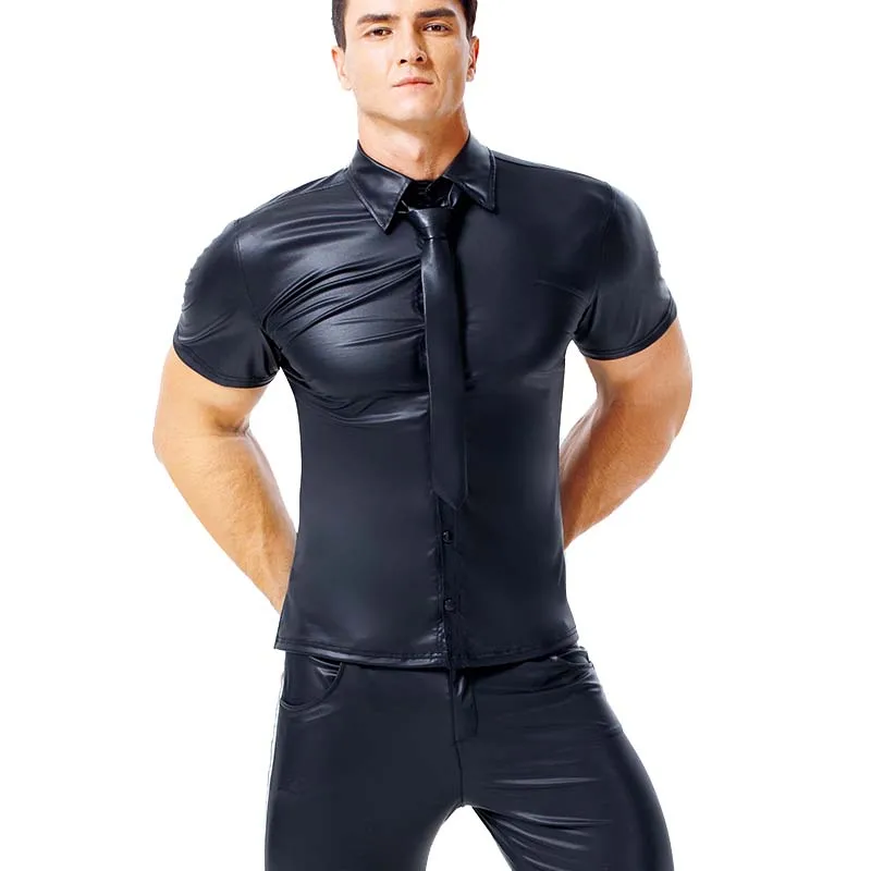 AIIOU Men Sexy Black T Shirts Faux Leather Male Men Spandex Tight Shirts Gay Funny Male Undershirts Dance Wear Corset Clothing