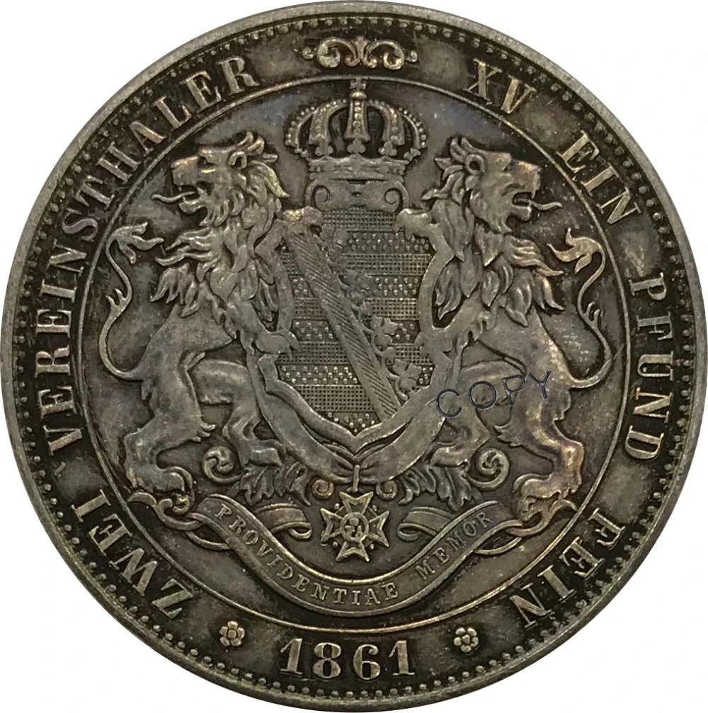 Немецкие Штаты 2 вереингера 1861 B King Johann of Saxony Cupronickel Посеребренная копия монеты |