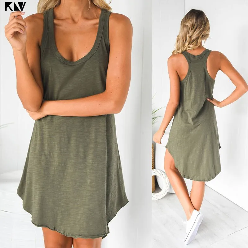 

KLV Women Sleeveless Loose Casual Solid Color Dress Summer Swing Mini Sundress Shirtdress