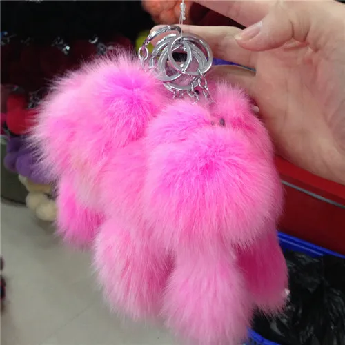 Pink Милый пушистый бантик, брелок с лисьим шариком, кольца с помпоном, настоящий Лисий мех, брелок, брелок для автомобиля, сумка, брелок для ключей, Женские Ювелирные изделия - Цвет: Pink