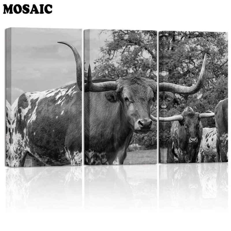 

3 Pieces Diamond painting Texas Longhorn Cow Picture Black White full drill diamond emboery animal art wall home decoration