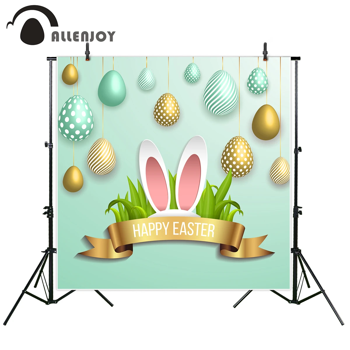 Фон Allenjoy для пар счастливая Пасха Золотая лента яиц ушки кролика в горошек