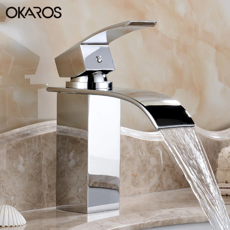 Смеситель для ванной OKAROS кран раковины водопад хромированная черная отделка