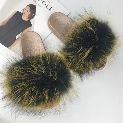 Black Yellow Frosted Обувь в тропическом стиле; женские шлепанцы; шлепанцы с натуральным мехом енота; летние женские сандалии золотистого цвета с подошвой из ПВХ; пушистые шлепанцы; VS1016 - Цвет: Black Yellow Frosted