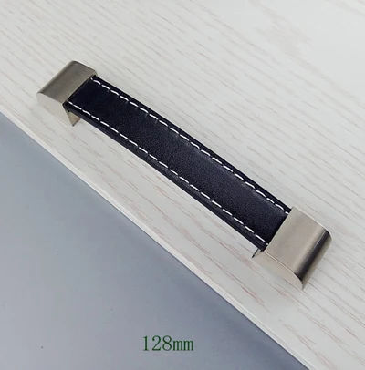 128mm Цинковый сплав, черная кожаная ручка, мебельная фурнитура, кухонный ящик для шкафов, ручки для шкафа, комода, дверная ручка - Цвет: 128mm