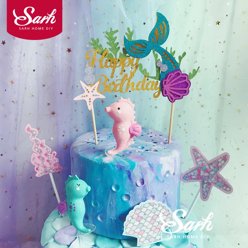 Розовый зеленый хвост русалки ракушка Морская звезда Торт Топпер морская лошадь