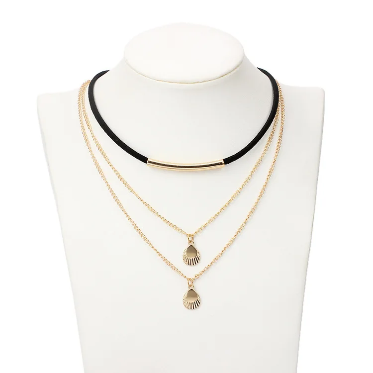 New Fashion black Velvet women choker necklace 2017 three layer Gold sliver color alloy shell pendant necklaces for girls | Украшения и