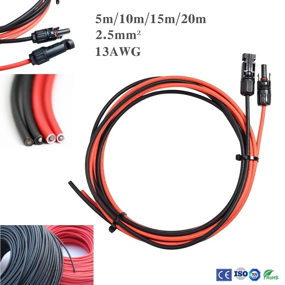 1 пара 5/10/15/20 м черный+ 5/10/15/20 м красный 13AWG удлинитель для панели солнечных батарей кабель Портативный провода с MC4 мужского и женского разъем