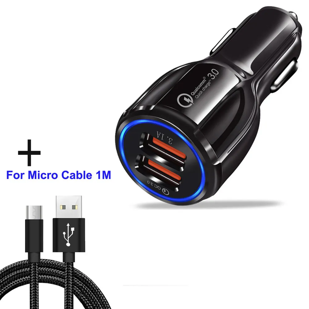 Add micro cable QC3.0 автомобильное зарядное устройство 6A быстрое зарядное устройство для мобильного телефона зарядное устройство 2 порта USB Быстрая зарядка для iPhone samsung Xiaomi планшет автомобильное зарядное устройство - Тип штекера: Add micro cable