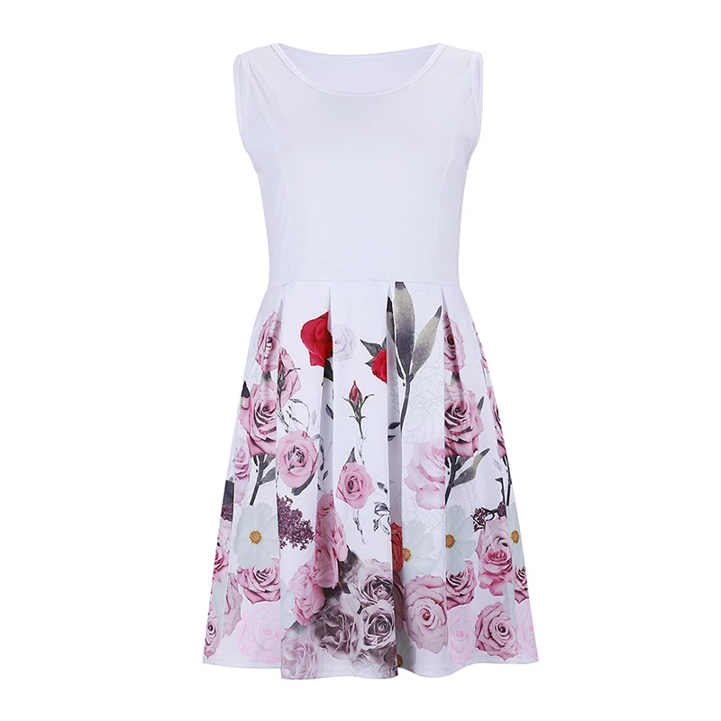 Women Sexy Sleeveless Printed Floral O Neck Slim Fit Dress Ladies High Waist Elegant Casual European Style SJ3489M | Женская одежда
