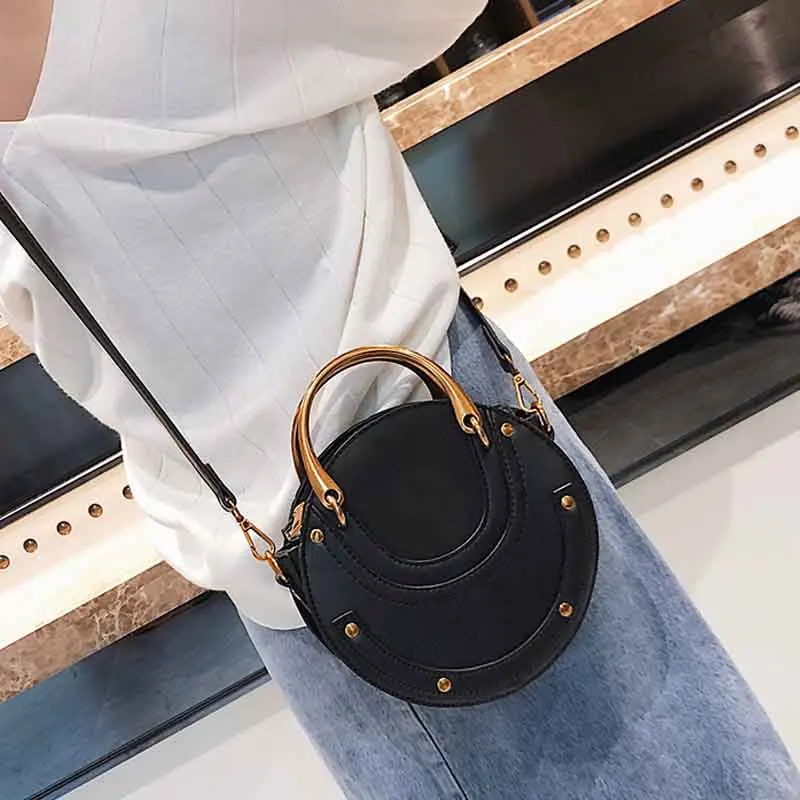 

CASMOR Women Totes Bag Fashion Circular Leather Retro Brand Metal Ring Handbag For Girl Small Round Lady Shoulder Messenger Bags