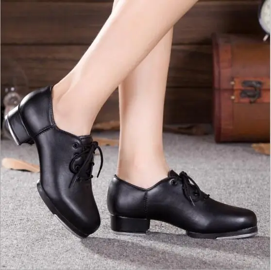 

Cow Leather Or PU Low Heel Lace Up Adult Professional Tap Shoes Black Dance Shoes For Women
