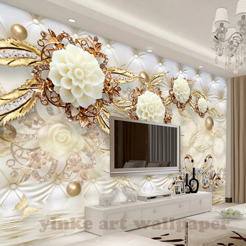 

3d фото обои роскошные золотые белые цветы кожаный фон для телевизора Настенные обои для домашнего декора обои 3D Papel De Parede