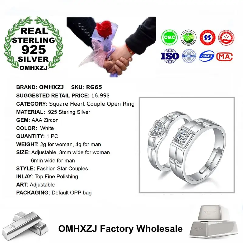 OMHXZJ Wholesale Personality Fashion OL Woman Girl Gift Twist Heart Square Zircon 925 Sterling Silver Couple Open Ring RG65 | Украшения и