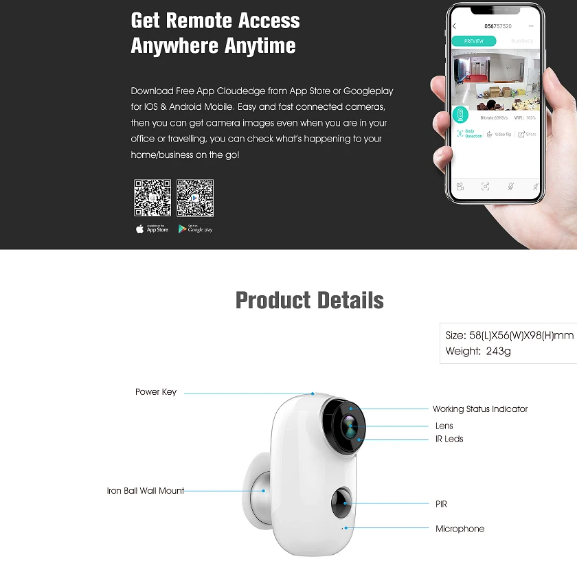 

WiFi wireless security battery camera 720 HD IP65 waterproof indoor and outdoor video surveillance with rechargeable battery cam