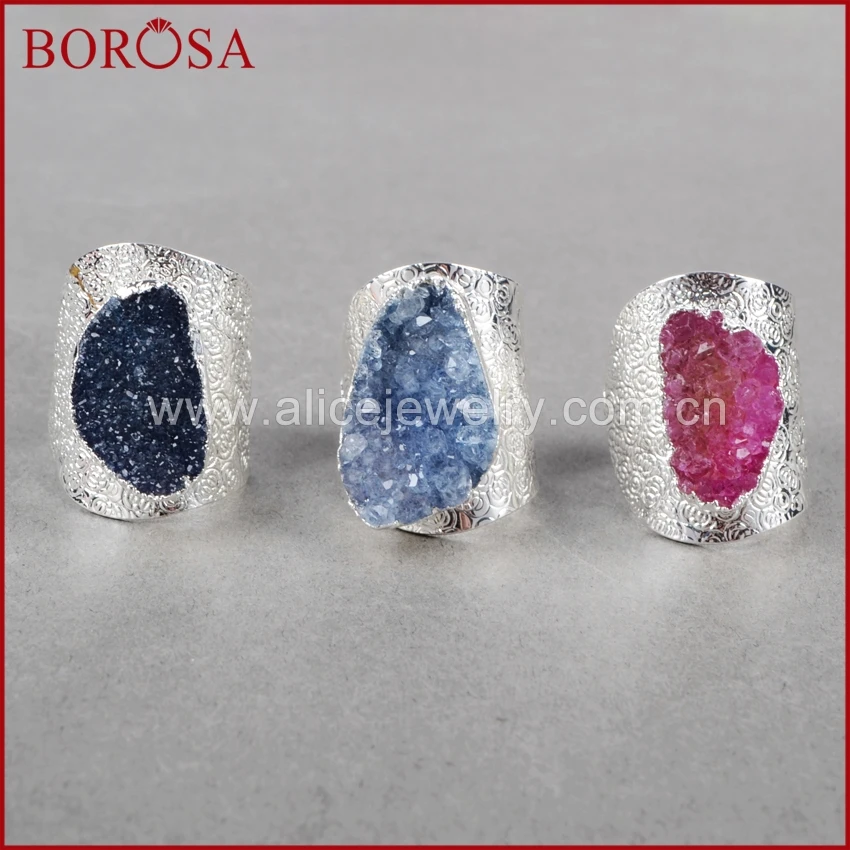 BOROSA Freeform Druzy кольцо Регулируемый окрашенная Цвета кристалл Geode серебро Цвет камни