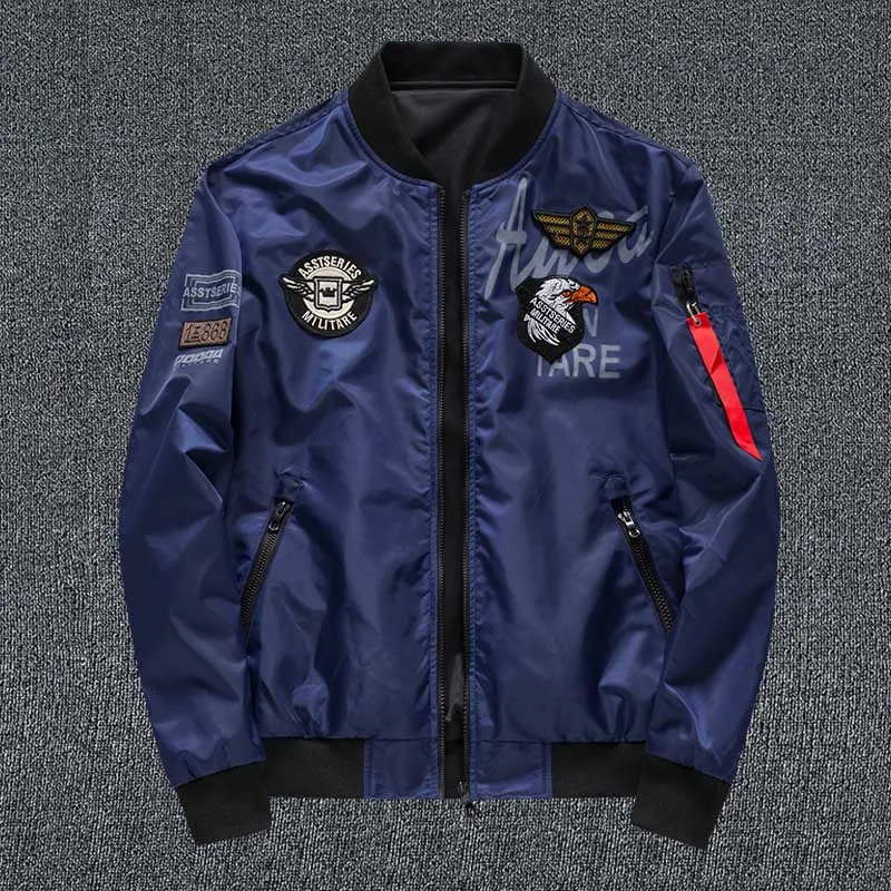 Navy 6XL мужская куртка-пилот с нашивками, зеленая Двусторонняя одежда, мужские куртки-пилот, тонкая мужская куртка-ветровка, мужская куртка, YA046 - Цвет: Navy