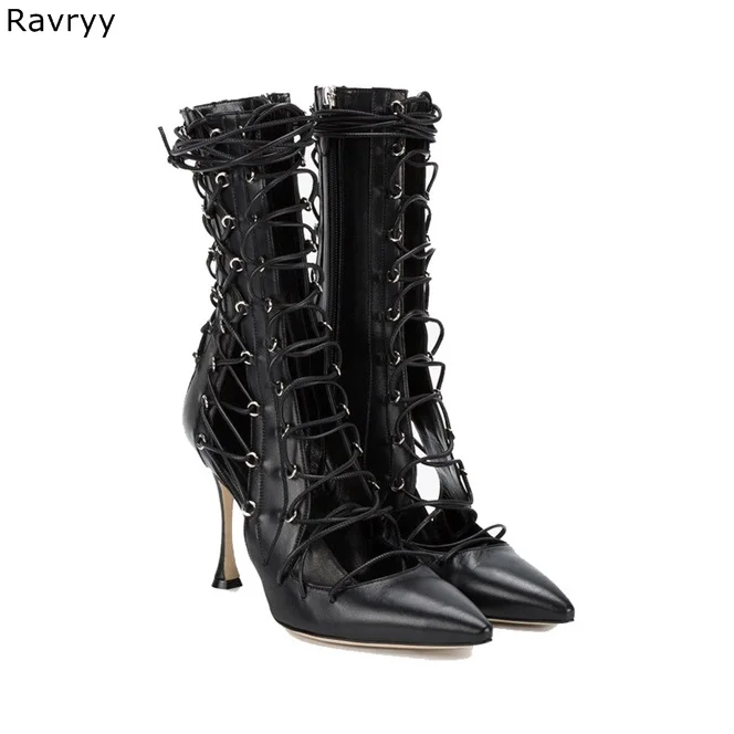 Beli Mode Musim Panas Renda Wanita Sandal Cut Out Pendek Hitam Sandal Sepatu Cross Terikat Seksi Pompa Tipis Tumit Wanita Pesta Sepatu