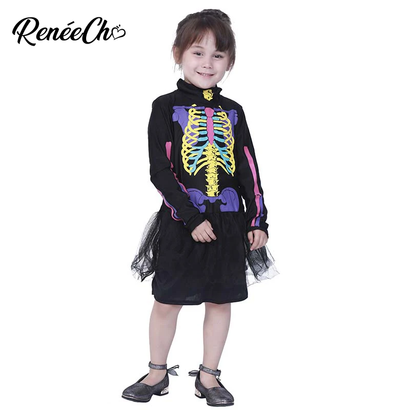 

Halloween Costume For Kids Girls Skeleton Costume Child Costume Colorful Bone Cosplay Long Sleeve Fancy Dress For Children