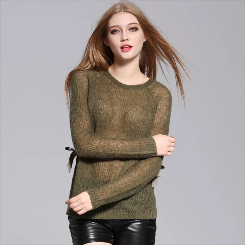 Women See Through Sweater Pullovers Wool Blends Eyelet Bow Knitted Tops Jumper Sheer Sexy Style Solid Color | Женская одежда