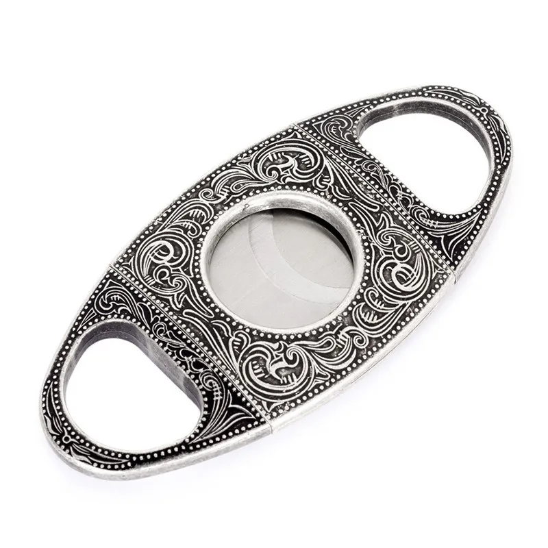 antique silver Гравированные Цветочные западные бронзы сигары резак резные Арабески цинковый сплав двойное лезвие, нож для сигар антикварная серебряная гильотина - Цвет: antique silver