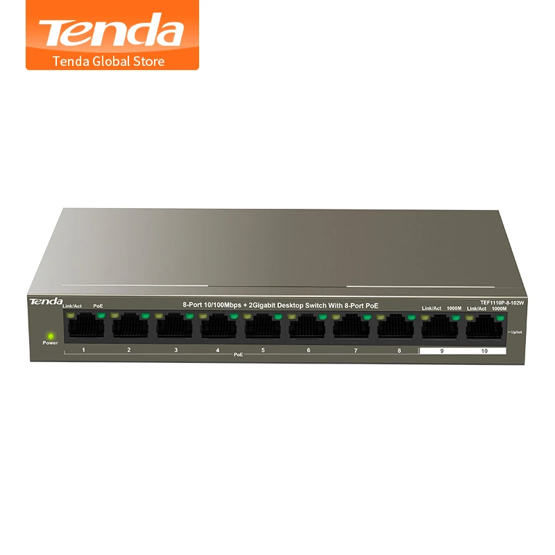 Tenda TEF1110P 8 102W Порты и разъёмы 10/100 Мбит/с + 2 гигабитный настольный коммутатор с PoE 6KV