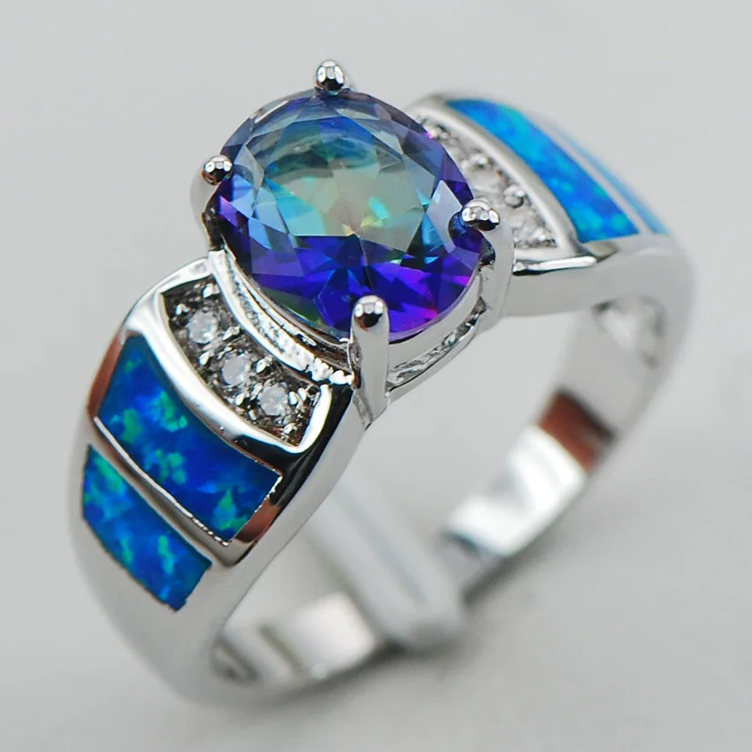 

Rainbow Crystal Zircon Blue Opal 925 Sterling Silver Ring Size 6 7 8 9 10 R1249