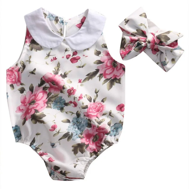 

2019 Summer Newborn Kid Baby Girl Clothes Floral Printed Jumpsuit Romper + Lovely Headband Cute Outfits Hot Sale