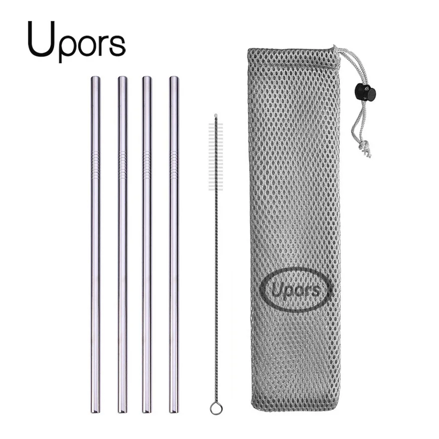 C with bag UPORS многоразовый металлический питьевой соломы 304 соломинки из нержавеющей стали прямо согнуты питьевой соломы с чистильщиком косметичка - Цвет: C with bag
