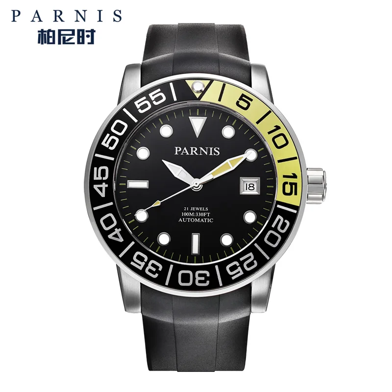 white dial yellow PARNIS, повседневные автоматические мужские часы, Relojes Hombre,, сапфировое стекло, резина, светящиеся, авто-дата, механические часы, мужские часы - Цвет: white dial yellow