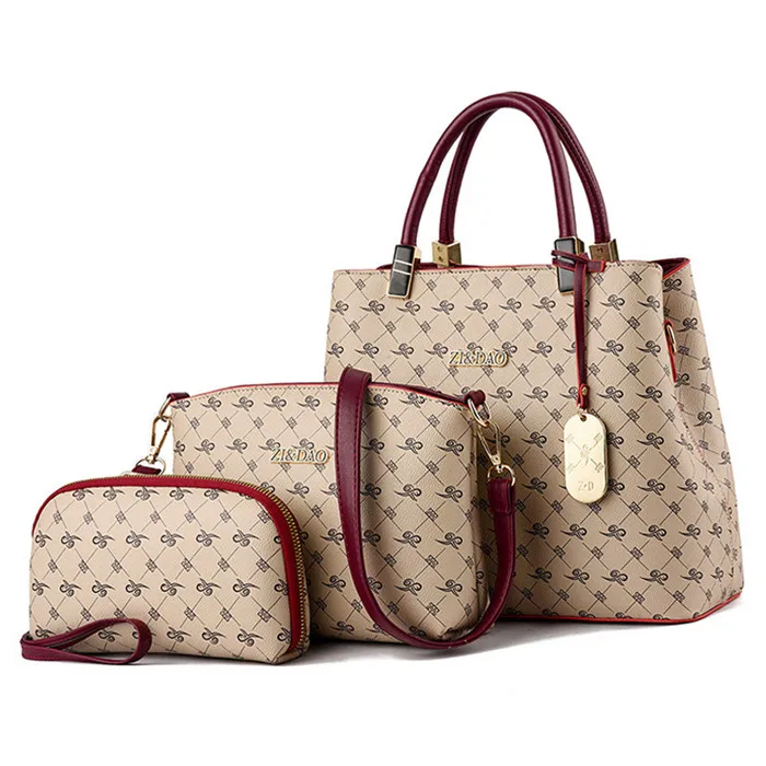 3 PCS Women Bags Set Leather Handbag New Women Tote Bag Ladies Handbags Shoulder Bag for Women Luxury Messenger Bag Bolsas - Color: khaki